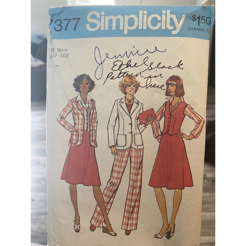 Vintage 1976 Simplicity Sewing Pattern 7377 Size 16.5 Jacket Vest Pants Skirt